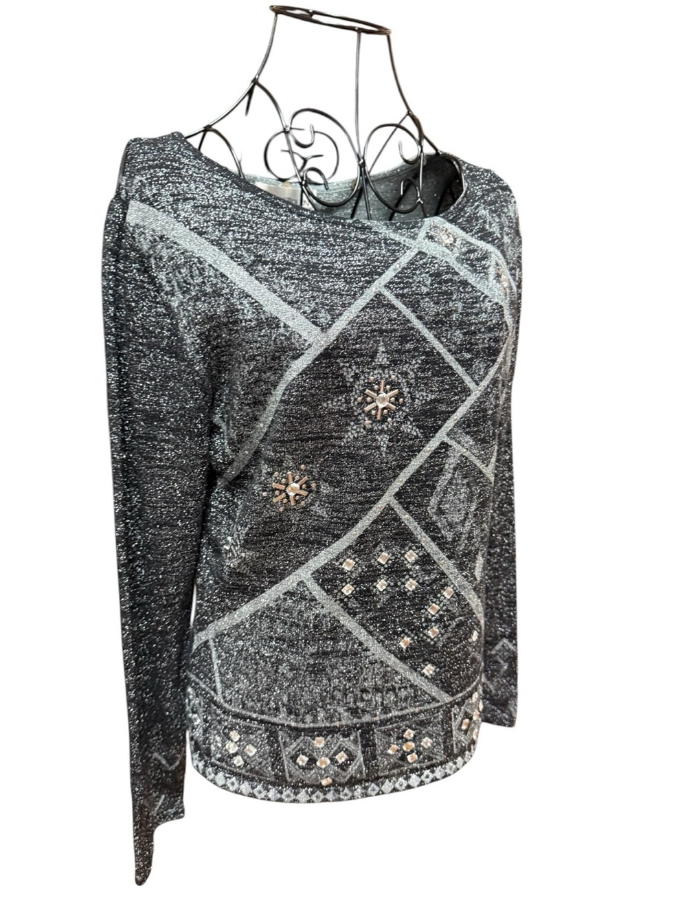 Nancy Bolen City Girl Embellished Metallic Knit Silk Blend Top in Charcoal small - Picture 2 of 8